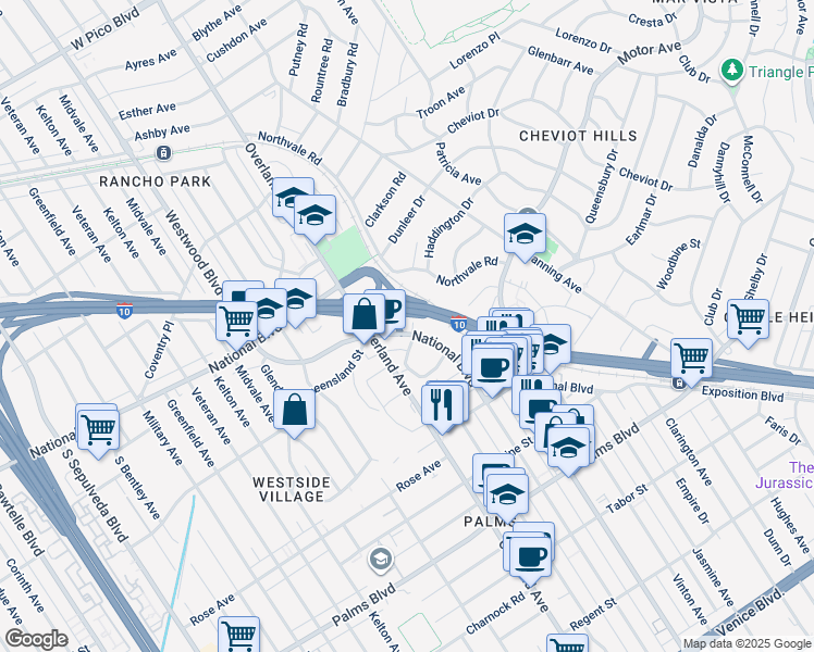 map of restaurants, bars, coffee shops, grocery stores, and more near 3189 Cheviot Vista Place in Los Angeles