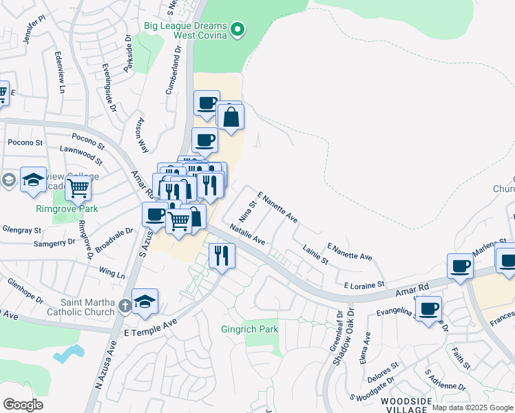 map of restaurants, bars, coffee shops, grocery stores, and more near 2418 Nina Street in West Covina