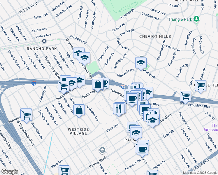 map of restaurants, bars, coffee shops, grocery stores, and more near 3189 Cheviot Vista Place in Los Angeles