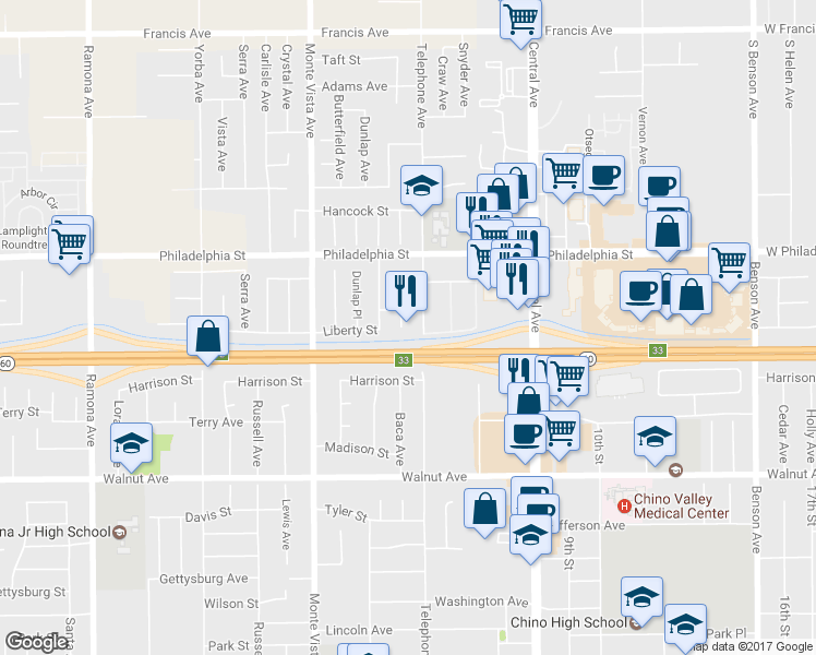 map of restaurants, bars, coffee shops, grocery stores, and more near 12225 Lester Court in Chino