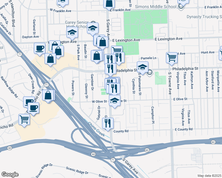 map of restaurants, bars, coffee shops, grocery stores, and more near 2268 South Garey Avenue in Pomona