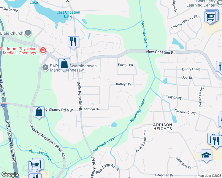 map of restaurants, bars, coffee shops, grocery stores, and more near 161 Kathryn Drive in Marietta