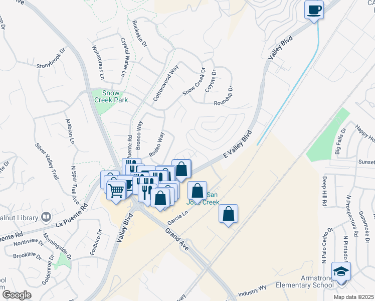 map of restaurants, bars, coffee shops, grocery stores, and more near 22060 Florence Circle in Walnut