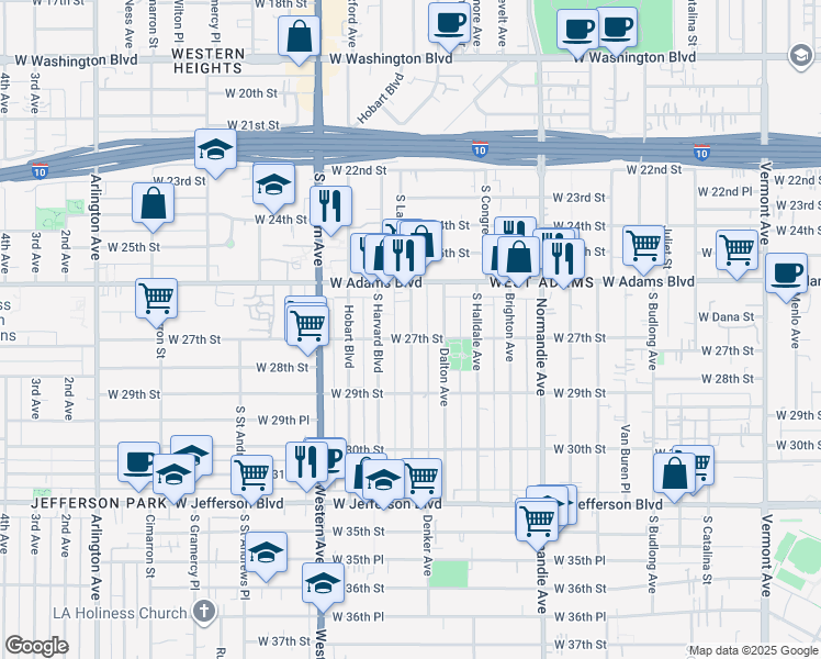 map of restaurants, bars, coffee shops, grocery stores, and more near 2630 South La Salle Avenue in Los Angeles