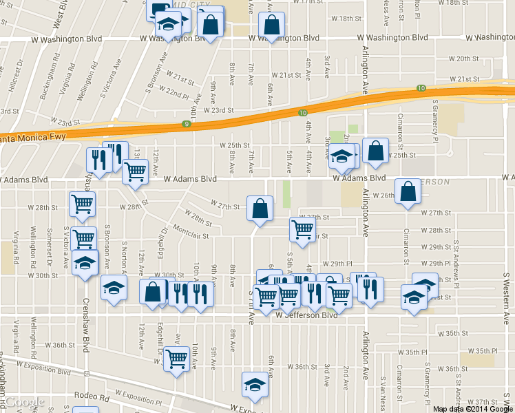 map of restaurants, bars, coffee shops, grocery stores, and more near 2717 7th Avenue in Los Angeles