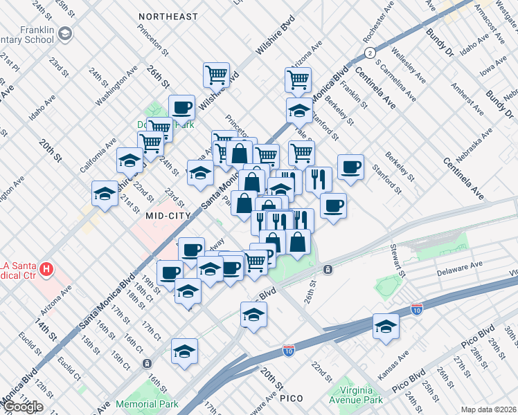 map of restaurants, bars, coffee shops, grocery stores, and more near 2500 Broadway in Santa Monica