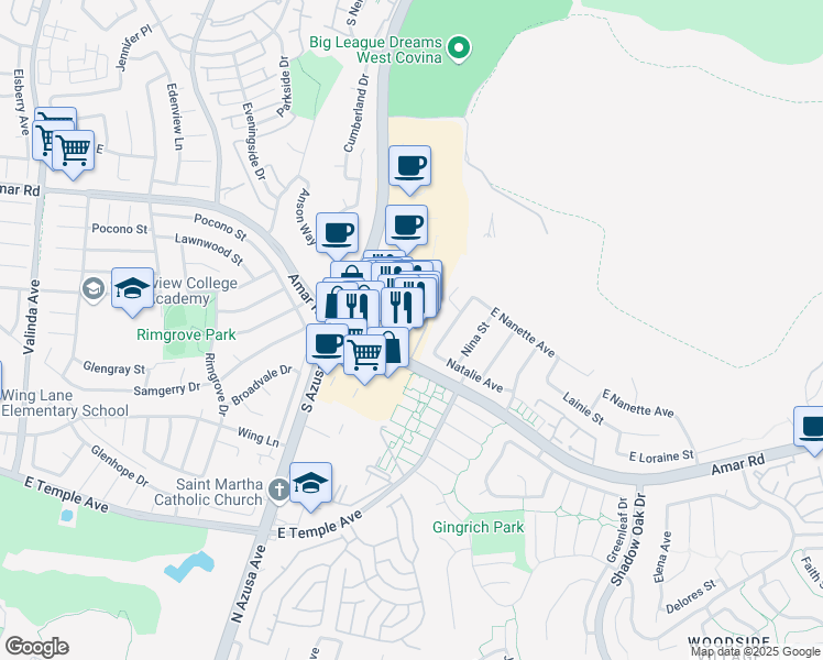 map of restaurants, bars, coffee shops, grocery stores, and more near 1559 Amar Road in West Covina