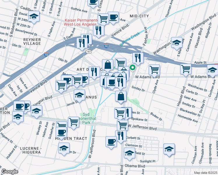 map of restaurants, bars, coffee shops, grocery stores, and more near 5894 Blackwelder Street in Culver City