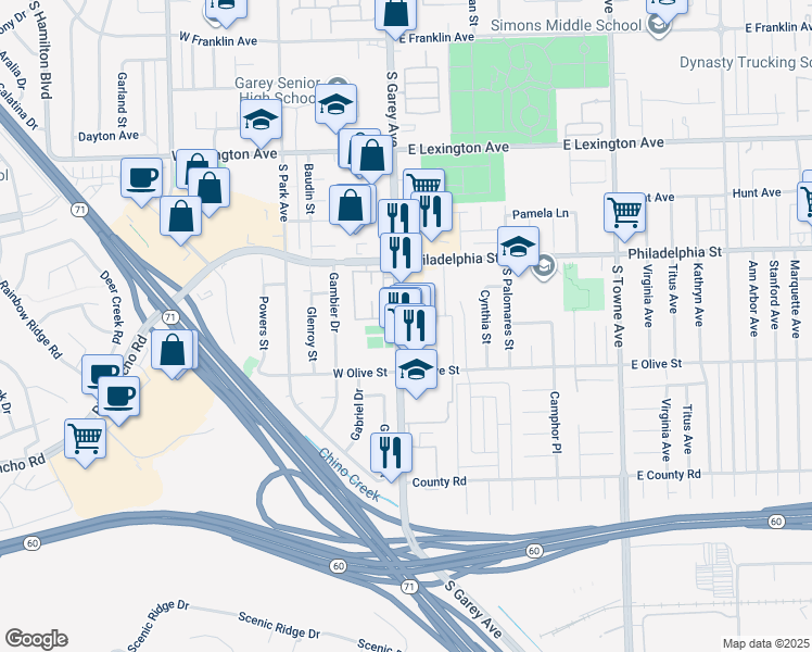 map of restaurants, bars, coffee shops, grocery stores, and more near 2268 South Garey Avenue in Pomona