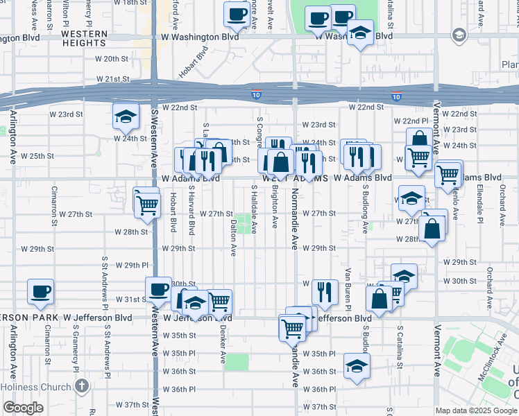 map of restaurants, bars, coffee shops, grocery stores, and more near 2650 South Halldale Avenue in Los Angeles