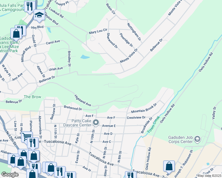 map of restaurants, bars, coffee shops, grocery stores, and more near 107 Overlook Drive in Gadsden