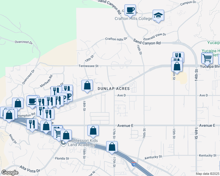 map of restaurants, bars, coffee shops, grocery stores, and more near 31921 Yucaipa Boulevard in Yucaipa