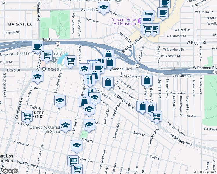 map of restaurants, bars, coffee shops, grocery stores, and more near 5261 Via Corona Street in East Los Angeles