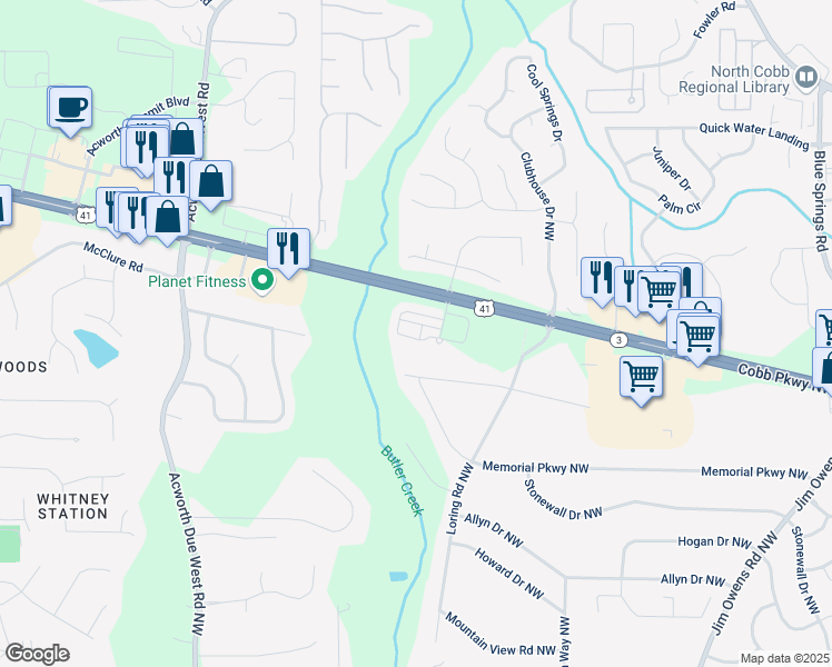 map of restaurants, bars, coffee shops, grocery stores, and more near 3203 Cyrus Point Lane in Kennesaw