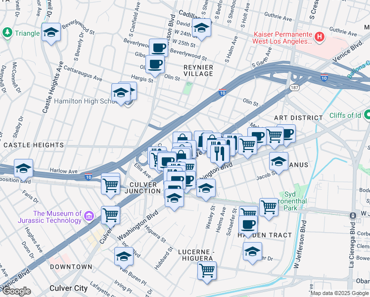 map of restaurants, bars, coffee shops, grocery stores, and more near 3161 Vera Avenue in Los Angeles