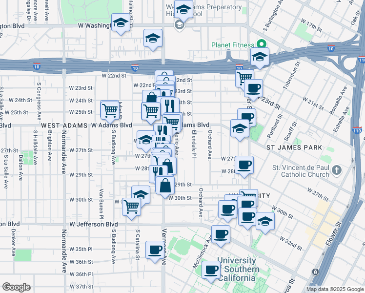 map of restaurants, bars, coffee shops, grocery stores, and more near 2658 Menlo Avenue in Los Angeles