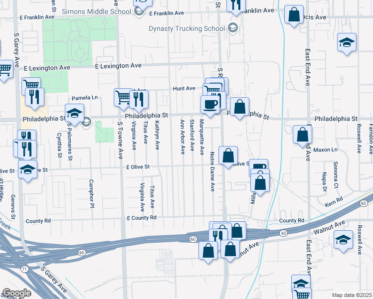 map of restaurants, bars, coffee shops, grocery stores, and more near 2236 Ann Arbor Avenue in Pomona