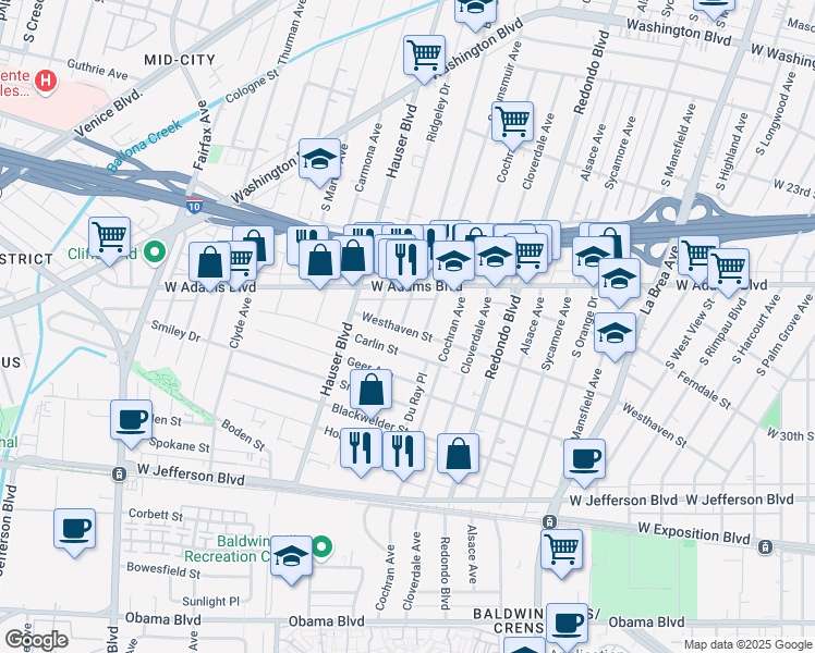 map of restaurants, bars, coffee shops, grocery stores, and more near 2642 South Burnside Avenue in Los Angeles