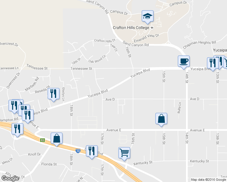 map of restaurants, bars, coffee shops, grocery stores, and more near 31954 Avenue D in Yucaipa