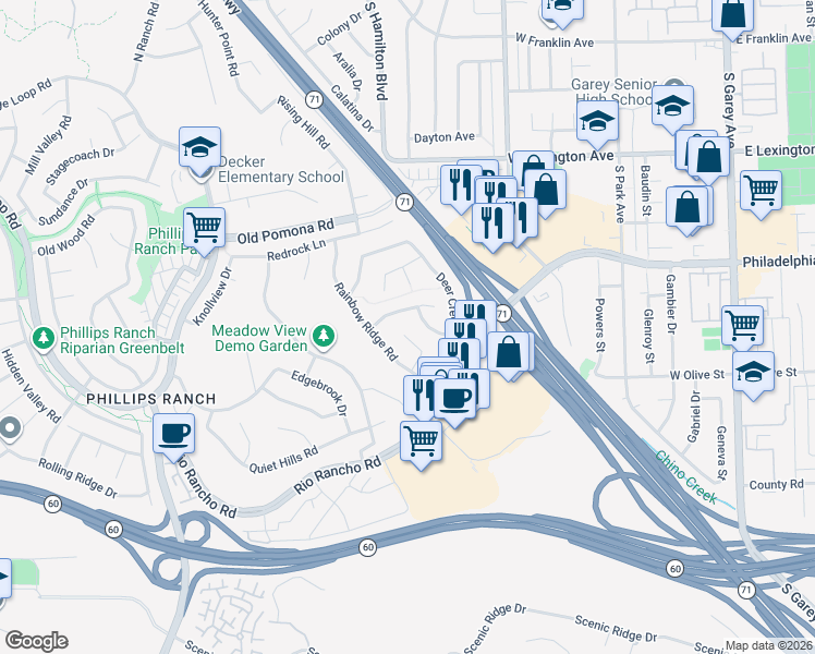 map of restaurants, bars, coffee shops, grocery stores, and more near 17 Turnpost Lane in Pomona