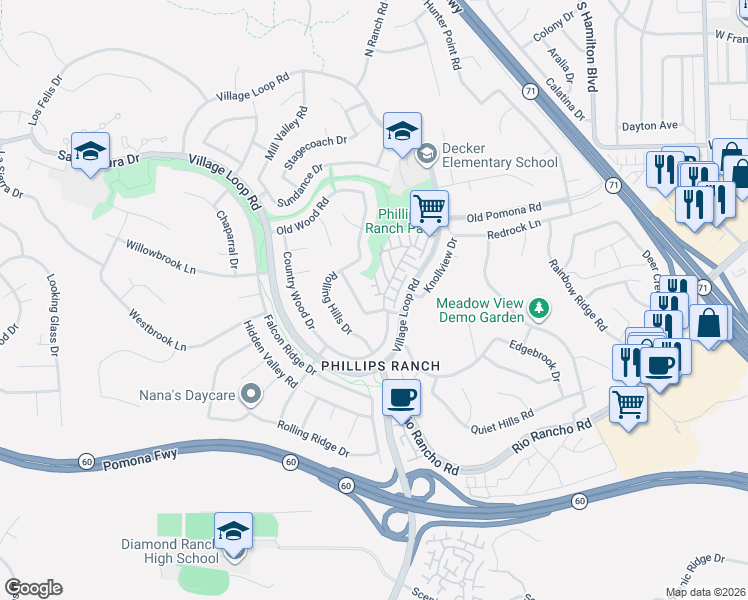 map of restaurants, bars, coffee shops, grocery stores, and more near 1 Tanglewood Drive in Pomona