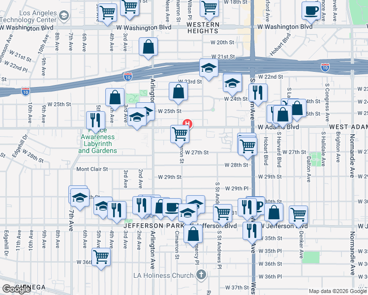 map of restaurants, bars, coffee shops, grocery stores, and more near 2220 West 27th Street in Los Angeles