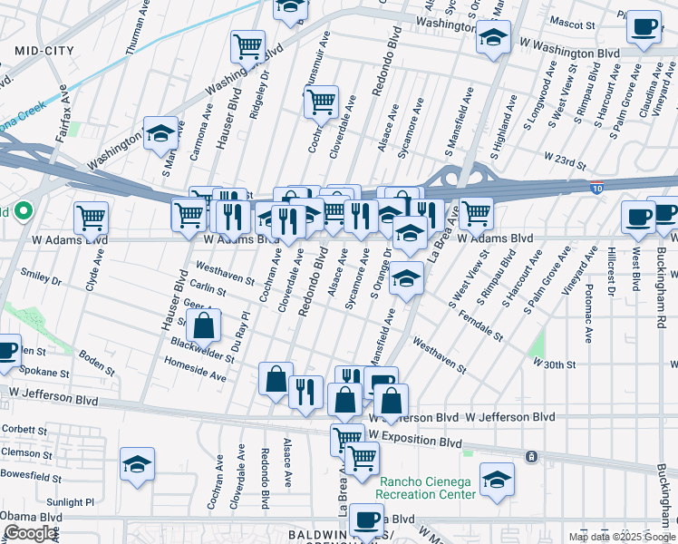 map of restaurants, bars, coffee shops, grocery stores, and more near 2736 Alsace Avenue in Los Angeles