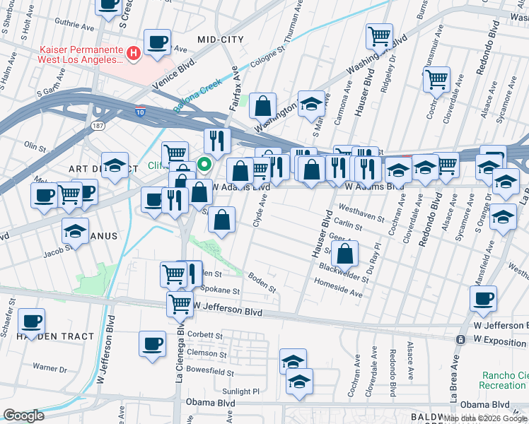 map of restaurants, bars, coffee shops, grocery stores, and more near 5621 Smiley Drive in Los Angeles