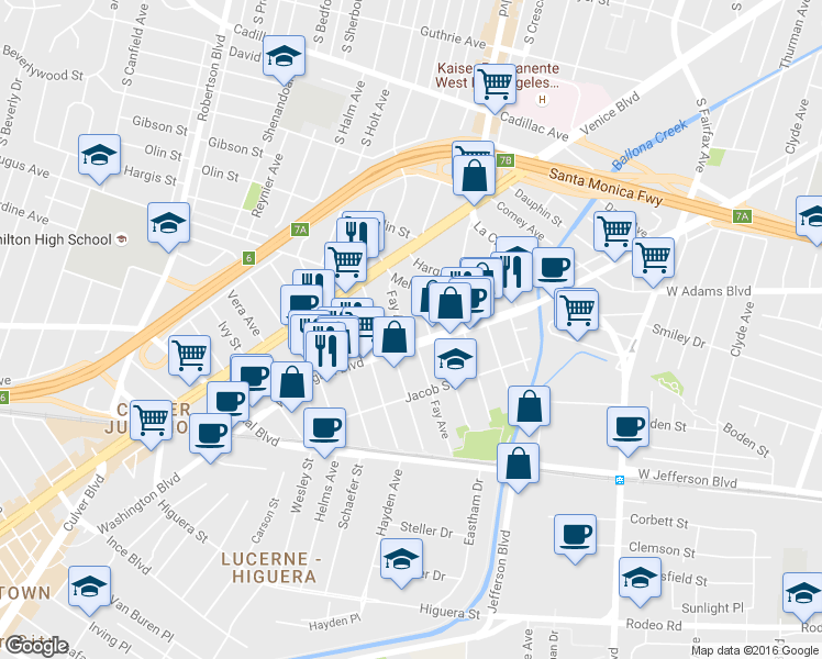 map of restaurants, bars, coffee shops, grocery stores, and more near 8534 Washington Boulevard in Culver City