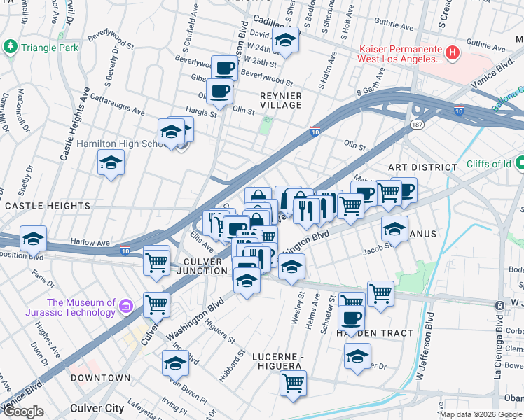 map of restaurants, bars, coffee shops, grocery stores, and more near 8836 Venice Boulevard in Los Angeles