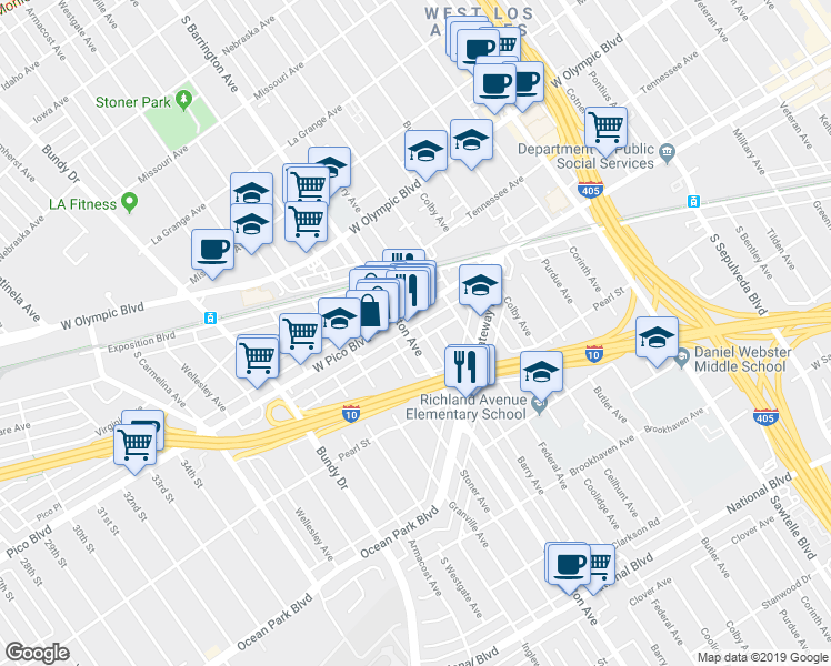 map of restaurants, bars, coffee shops, grocery stores, and more near 2450 South Barrington Avenue in Los Angeles