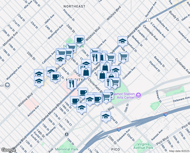 map of restaurants, bars, coffee shops, grocery stores, and more near 1425 Cloverfield Boulevard in Santa Monica