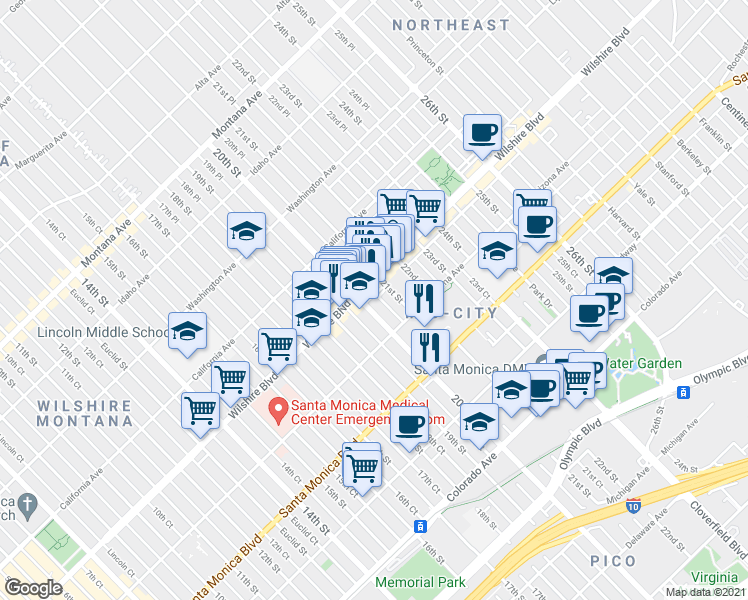 map of restaurants, bars, coffee shops, grocery stores, and more near in Santa Monica