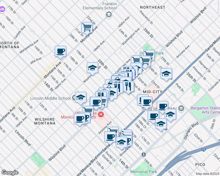 map of restaurants, bars, coffee shops, grocery stores, and more near 1807 Wilshire Boulevard in Santa Monica