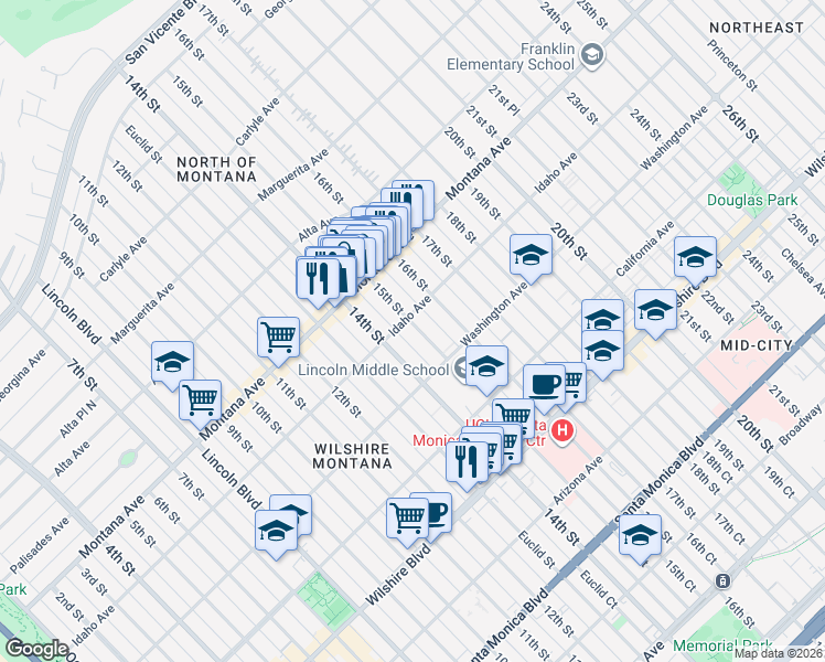map of restaurants, bars, coffee shops, grocery stores, and more near 925 14th Street in Santa Monica