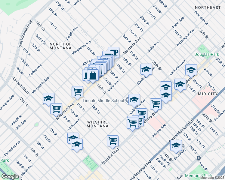 map of restaurants, bars, coffee shops, grocery stores, and more near 925 14th Street in Santa Monica