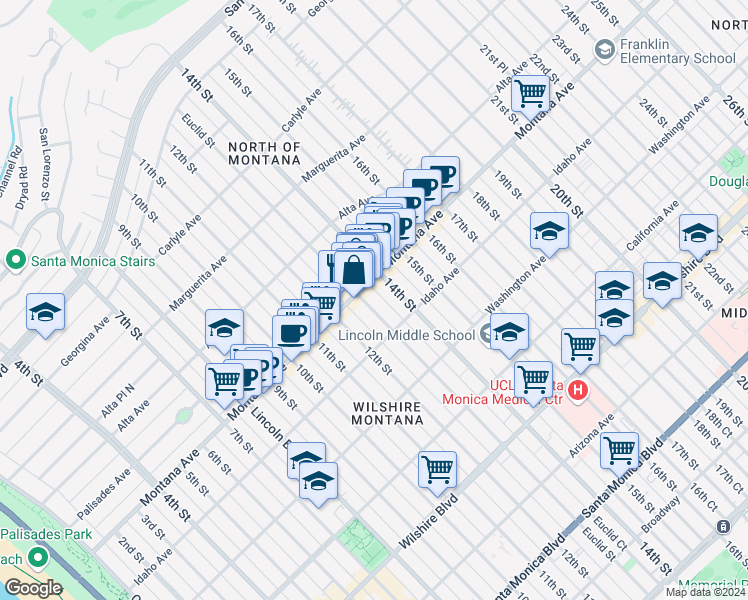 map of restaurants, bars, coffee shops, grocery stores, and more near 832 Euclid Street in Santa Monica