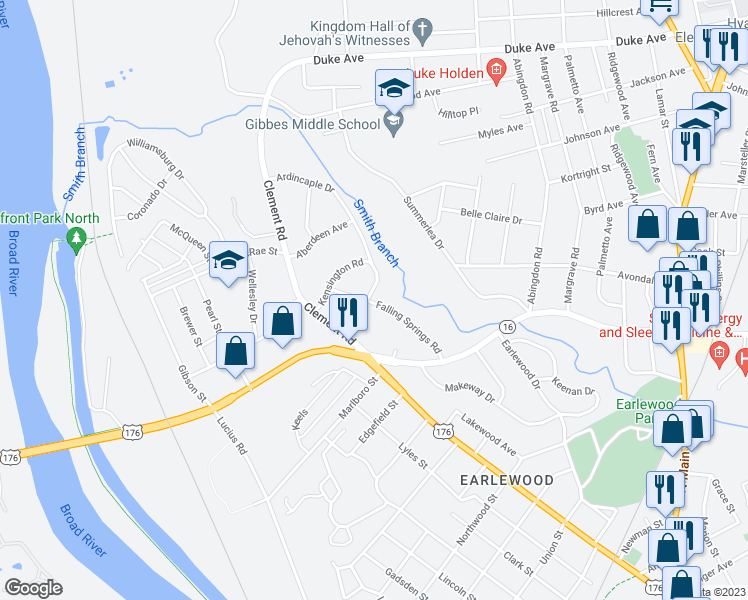 map of restaurants, bars, coffee shops, grocery stores, and more near 3637 Falling Springs Road in Columbia
