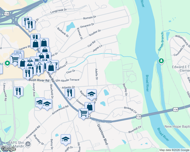 map of restaurants, bars, coffee shops, grocery stores, and more near 1421 Adella Street in Columbia