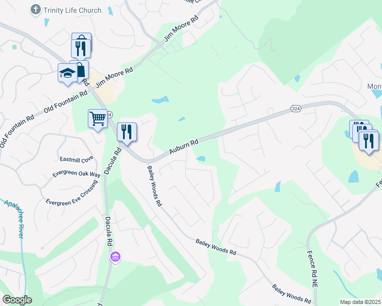 map of restaurants, bars, coffee shops, grocery stores, and more near 981 Charles Hall Drive in Dacula