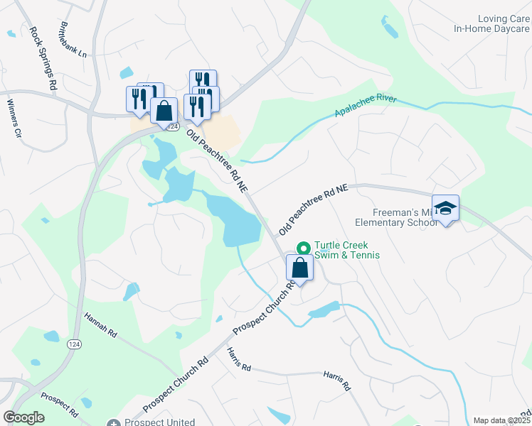 map of restaurants, bars, coffee shops, grocery stores, and more near 1984 Old Peachtree Road Northeast in Lawrenceville