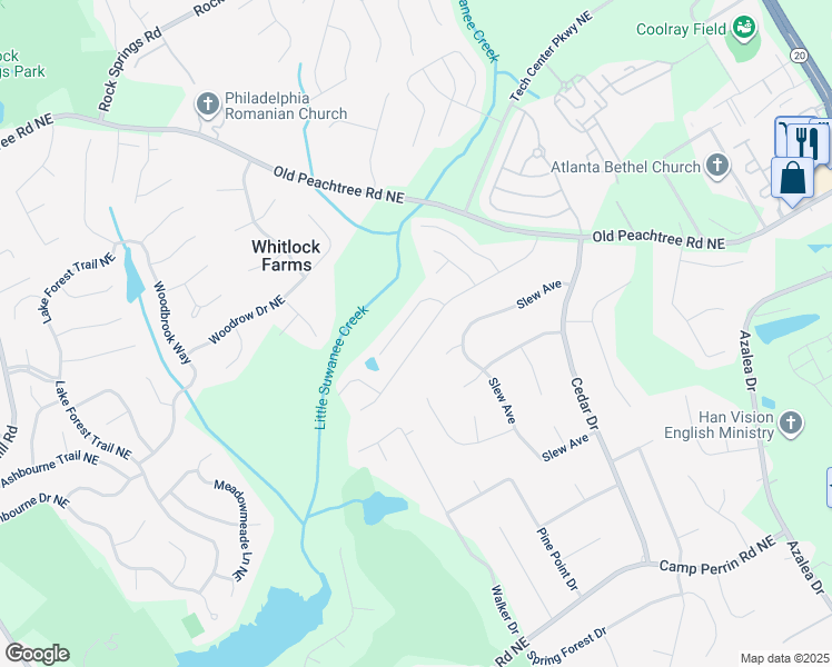map of restaurants, bars, coffee shops, grocery stores, and more near 2272 Young America Drive Northeast in Lawrenceville