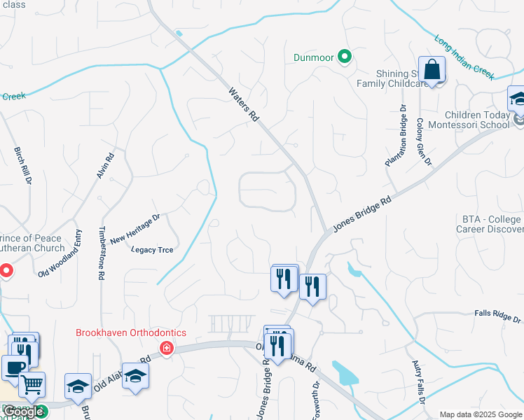 map of restaurants, bars, coffee shops, grocery stores, and more near 10055 Lauren Hall Court in Alpharetta