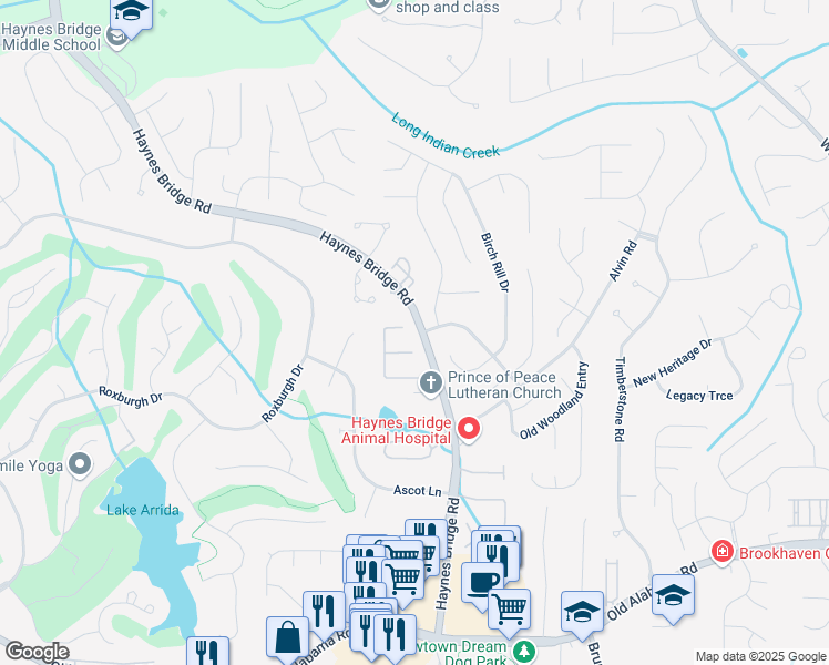 map of restaurants, bars, coffee shops, grocery stores, and more near 2995 Haynes Trail in Alpharetta