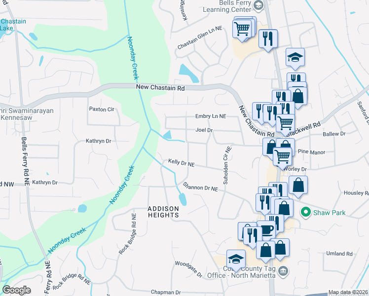 map of restaurants, bars, coffee shops, grocery stores, and more near 525 Kelly Drive Northeast in Marietta