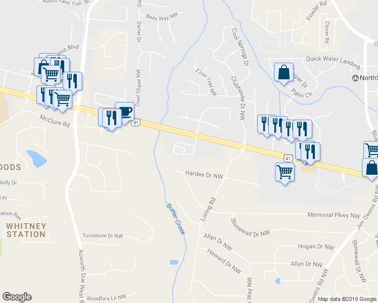 map of restaurants, bars, coffee shops, grocery stores, and more near 3807 Cyrus Ridge Way Northwest in Kennesaw