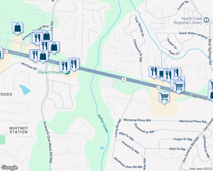 map of restaurants, bars, coffee shops, grocery stores, and more near 3203 Cyrus Point Lane in Kennesaw