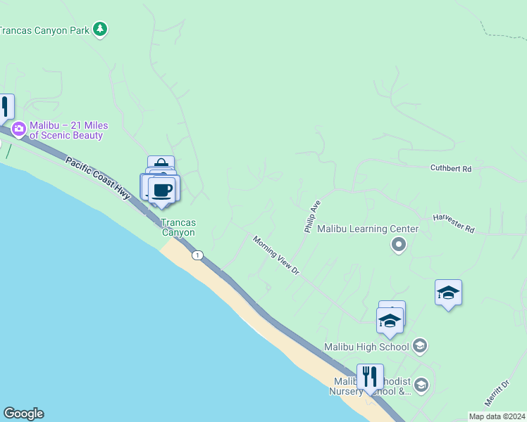 map of restaurants, bars, coffee shops, grocery stores, and more near 30601 Morning View Drive in Malibu