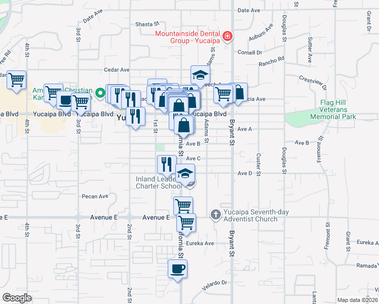map of restaurants, bars, coffee shops, grocery stores, and more near 35134 Avenue C in Yucaipa