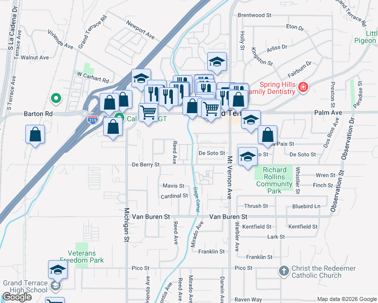 map of restaurants, bars, coffee shops, grocery stores, and more near 22326 Blue Lupine Circle in Grand Terrace